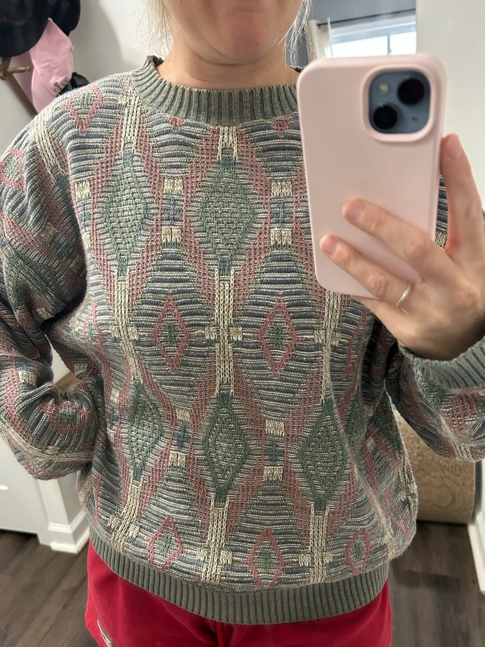 Vintage Men's Patterned Crewneck Sweater in Green and Mauve